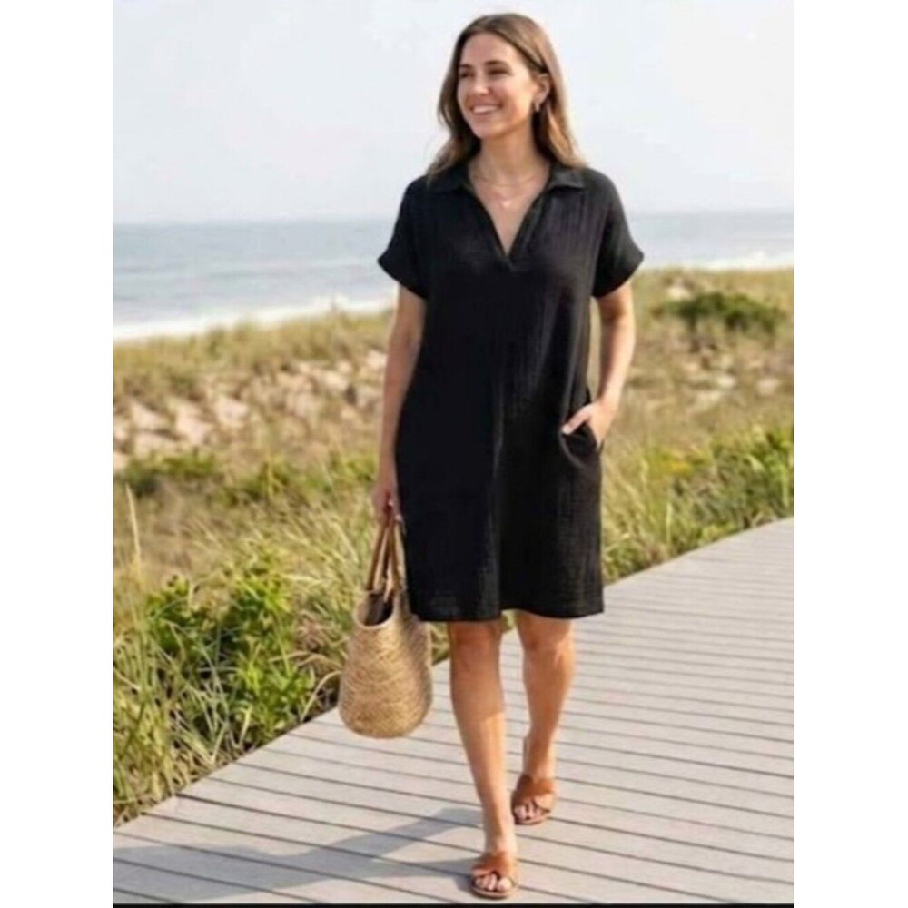 Three Dots Women's Black Dress Double Gauze 100% Cotton Textured Pockets Size M